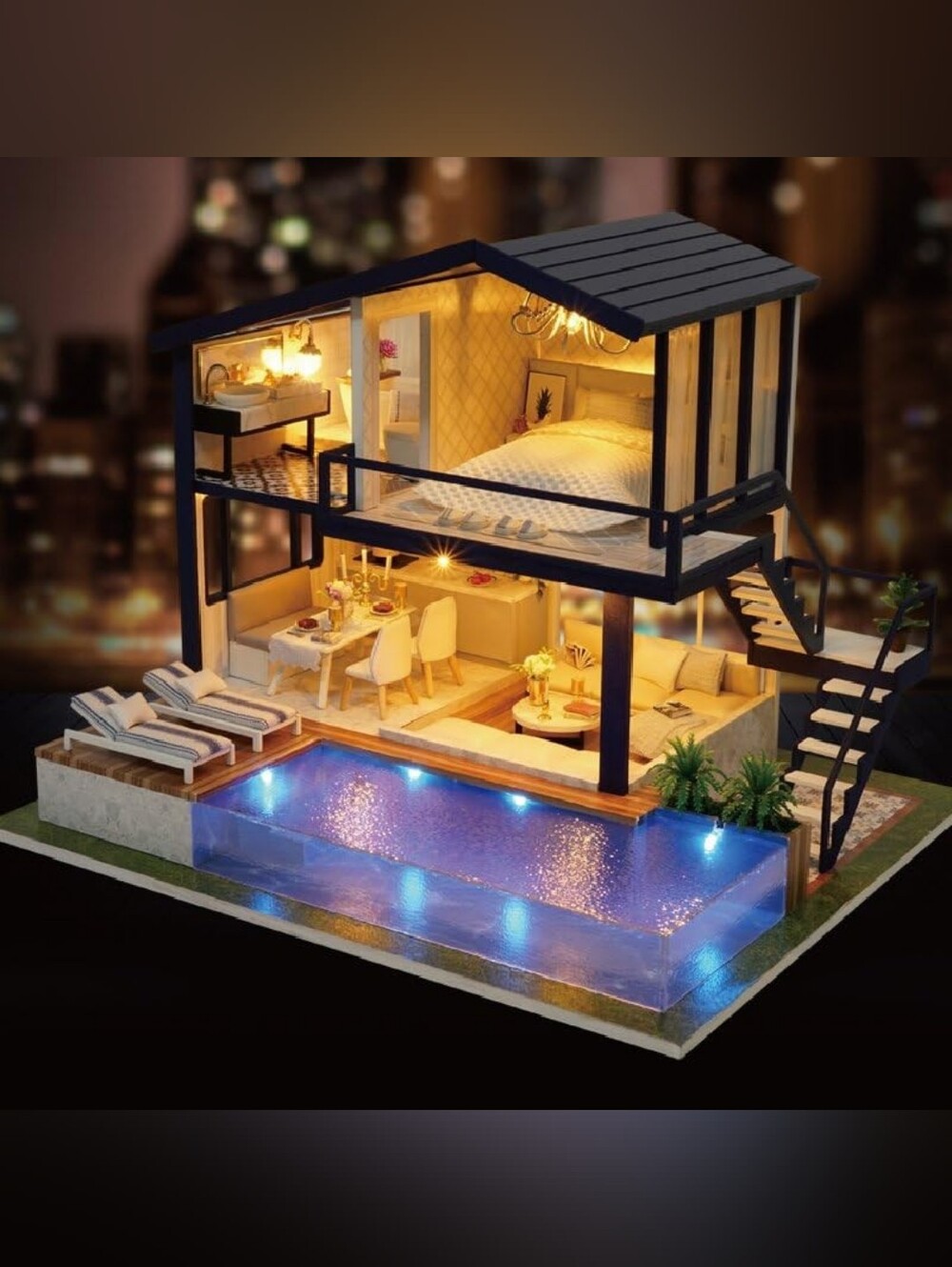 Modern Blue & White Dollhouse with Lighted Pool - Picture 5 of 16